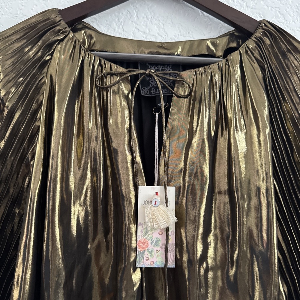 NWT Johnny Was JADE Golden Gem Pleated Metallic Blouse Chevron Sleeves Tunic M